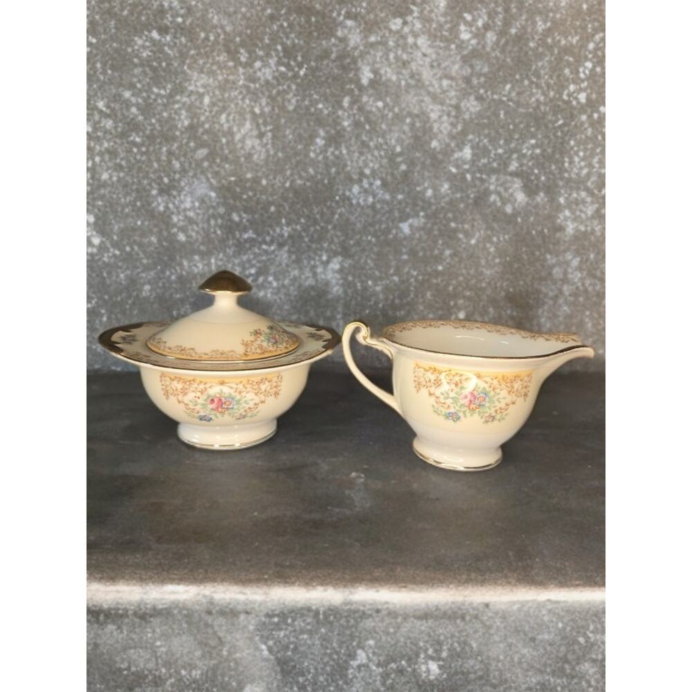 Royal Chester Porcelain Creamer & Sugar Set Floral Ivory Gold Vintage 1950s